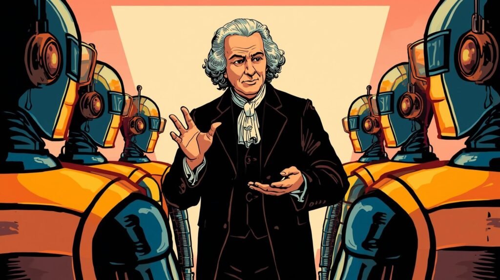 Ilustración de Kant enseñando ética de la Inteligencia Artificial a robots en estilo pop art.